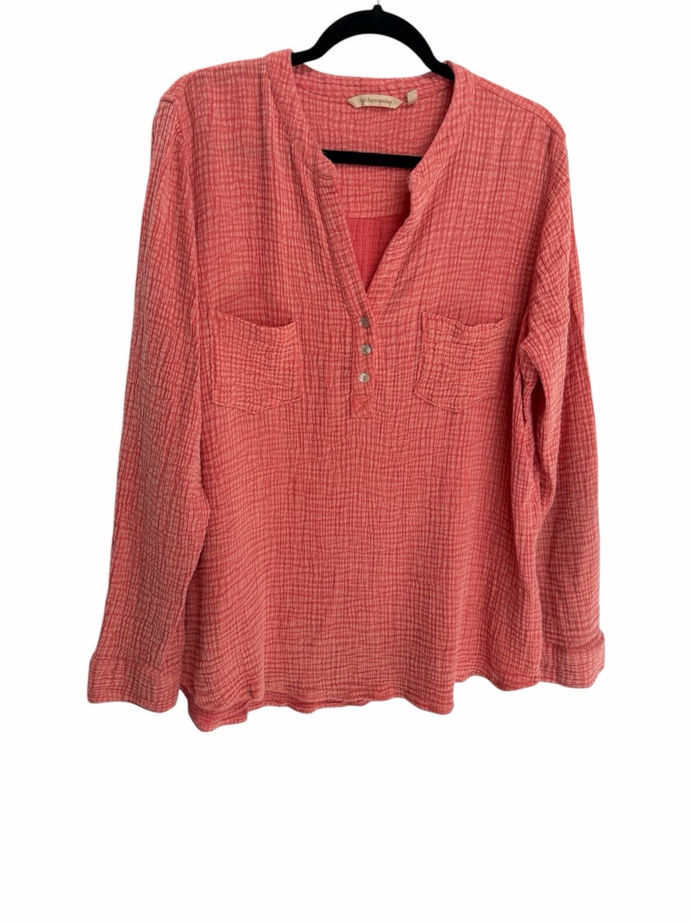 Soft Surroundings Coral Red Longsleeve Henley Top Woven Gauzy Cotton Pullover XL